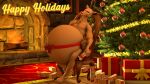  3d_(artwork) anthro beastars belly bloated christmas christmas_tree deer digital_media_(artwork) eggnog fake_nose fernkarrythewolf hi_res holidays inflation liquid louis_(beastars) male mammal overweight plant red_nose ribbons solo source_filmmaker tree 