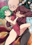  1boy 2girls absurdres bald black_eyes black_pants blush bongfill bow bowtie breasts closed_mouth covered_navel dancing dark_green_hair dress eye_contact fubuki_(one-punch_man) green_eyes green_hair highres holding_hands jewelry large_breasts legs looking_at_another medium_breasts multiple_girls necklace one-punch_man open_mouth pants party petite red_dress red_shirt saitama_(one-punch_man) shirt tango tatsumaki tearing_up wide-eyed 