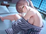  1girl bare_legs barefoot bath_yukata bed_sheet blunt_bangs blurry blurry_background blush breasts brown_hair depth_of_field head_tilt highres indoors japanese_clothes kimono knees_up large_breasts long_hair long_sleeves looking_at_viewer off_shoulder on_bed original pillow ponytail re:shimashima sidelocks sitting smile solo striped striped_kimono table tissue_box toes turning_head window yellow_eyes yukata 