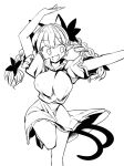  1girl animal_ears breasts cat_ears cat_girl cat_tail dancing greyscale kaenbyou_rin large_breasts looking_at_viewer mizuga monochrome multiple_tails smile solo tail touhou 