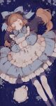 1girl apron blue_bow blue_bowtie blue_dress blue_flower blue_rose bow bowtie brown_hair closed_eyes closed_mouth crescent deviantart_sample dress english_commentary expressionless eyelashes feet_out_of_frame flower frilled_apron frilled_dress frills full_body gloves hair_bow highres image_sample light_blush littlebluemuffin long_hair long_sleeves original own_hands_together pantyhose partially_submerged peaceful petals puffy_long_sleeves puffy_sleeves rabbit rose short_dress sleeping solid_circle_eyes solo sparkle water white_apron white_gloves white_pantyhose 