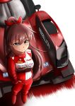  1girl blue_eyes blush boots bow breasts brown_hair car copyright_name floating_hair from_above ganaha_hibiki hair_bow hand_in_pocket idolmaster idolmaster_(classic) jumpsuit le_mans_prototype looking_at_viewer looking_up medium_breasts motion_lines motor_vehicle race_vehicle racecar racing_suit rebellion_r-one rebellion_racing red_bow red_footwear red_jumpsuit smirk white_background world_endurance_championship yanparap 