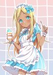  1girl apron aqua_eyes blonde_hair blue_dress blue_ribbon blush bow breasts closed_mouth collar cowboy_shot cup dark-skinned_female dark_skin detached_collar dress eating frilled_apron frilled_dress frills gradient_background grid_background hair_bow hair_ribbon hands_up highres holding holding_cup holding_spoon idolmaster idolmaster_cinderella_girls idolmaster_cinderella_girls_starlight_stage layla_(idolmaster) long_hair looking_at_viewer multicolored_nails nail_polish neck_ribbon parfait puffy_short_sleeves puffy_sleeves ribbon scrunchie short_sleeves small_breasts solo spoon standing striped striped_dress thighhighs tottoto_tomekichi two-tone_background white_apron white_collar white_headdress white_scrunchie white_thighhighs wrist_scrunchie 