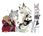  5girls absurdres animal_ear_piercing animal_ears arknights black_hair black_nails blush cat_ears cat_girl closed_eyes disgust dress fang fur-trimmed_hood fur_trim green_dress green_eyes hair_between_eyes hair_ornament hairclip hand_on_another&#039;s_chin head_rest highres hood hooded_jacket infection_monitor_(arknights) jacket kal&#039;tsit_(arknights) lappland_(arknights) long_hair long_sleeves looking_at_another mask mask_around_neck multiple_girls off-shoulder_dress off_shoulder open_mouth oripathy_lesion_(arknights) peeking_out projekt_red_(arknights) provence_(arknights) purple_hair red_jacket scar scar_across_eye scar_on_face scratching_chin shaded_face smile star_of_life stroking_another&#039;s_chin surprised sweatdrop texas_(arknights) white_hair wolf_ears wolf_girl yellow_eyes yu_yanshu 