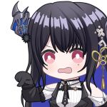  1girl black_bow black_bowtie black_flower black_gloves black_hair black_sleeves bow bowtie bright_pupils chest_strap chibi clothing_cutout collared_shirt colored_inner_hair flower flower_knot fur-trimmed_sleeves fur_trim gloves hair_flower hair_ornament hololive hololive_english long_hair mole mole_under_eye multicolored_hair nerissa_ravencroft open_mouth pointing purple_hair red_eyes ribbed_shirt shirt shoulder_cutout sidelocks solo tassel tassel_hair_ornament uneven_horns upper_body waistcoat white_pupils white_shirt zephylyne 