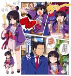  1boy ace_attorney bendedede blue_suit bowl chopsticks courtroom curtained_hair food formal hanten_(clothes) highres holding holding_chopsticks japanese_clothes jewelry kimono magatama magatama_necklace maya_fey necklace necktie noodles objection pearl_fey phoenix_wright ramen red_necktie short_kimono suit 
