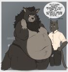  anthro belly big_belly bodily_fluids canid canine canis clothed clothing cowdypie domestic_cat duo english_text felid feline felis fur grey_background grey_body grey_fur hi_res looking_away male mammal navel nipples obese obese_anthro obese_male overweight overweight_anthro overweight_male simple_background sweat sweatdrop text underwear underwear_only weight_gain wolf 