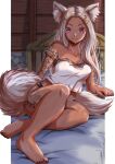  1girl absurdres animal_ear_fluff animal_ears arm_tattoo bare_legs bare_shoulders barefoot bed black_panties breasts camisole cat_ears cat_girl cat_tail commission dark_skin facial_mark final_fantasy final_fantasy_xiv grey_hair highres kenichiart leg_tattoo long_hair medium_breasts miqo&#039;te on_bed panties purple_eyes sitting skeb_commission strap_slip tail tattoo underwear warrior_of_light_(ff14) whisker_markings white_camisole white_hair 