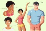  1boy 1girl absurdres black_hair browntable clark_kent commentary dark-skinned_female dark_skin dc_comics earrings english_commentary english_text height_difference highres jewelry lois_lane my_adventures_with_superman shirt short_hair short_shorts shorts superman_(series) t-shirt tank_top tomboy twitter_username 