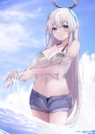  1girl bikini black_bikini blue_archive breasts cleavage denim denim_shorts halo highres hojiro_same large_breasts light_blush long_hair looking_at_viewer navel noa_(blue_archive) outdoors see-through shirt shorts solo standing swimsuit water wet white_hair wringing_clothes 