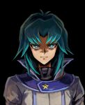  1boy black_background black_shirt blue_eyes blue_hair bright_pupils coat commentary high_collar highres male_focus marufuji_ryou serious shaded_face shirt short_hair simple_background solo turtleneck upper_body white_coat youko-shima yu-gi-oh! yu-gi-oh!_gx 