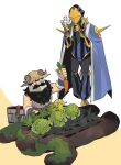  2boys avicebron_(fate) beard blonde_hair blue_cape blush bucket cabbage cape carrot cross dungeon_meshi dwarf facial_hair fake_horns fate/grand_order fate_(series) food gardening golem hat highres holding holding_carrot holding_cross holding_food holding_vegetable horned_headwear horns long_hair male_focus mechanical_legs multiple_boys mustache nose_blush oneroom-disco senshi_(dungeon_meshi) shovel simple_background spikes squatting standing straw_hat striped vegetable vertical_stripes white_background 