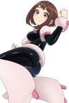  1girl blue_bodysuit bodysuit boku_no_hero_academia boots brown_eyes brown_hair hand_up high_heel_boots high_heels highres kobaji looking_at_viewer medium_hair multicolored_bodysuit multicolored_clothes pink_bodysuit sidelocks simple_background solo uraraka_ochako white_background 