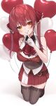  1girl absurdres balloon bega_(omuraisu_820) breasts finger_to_mouth hair_ribbon heart_balloon heterochromia highres hololive houshou_marine houshou_marine_(1st_costume) looking_at_viewer red_eyes red_hair ribbon simple_background skirt sleeveless smile solo virtual_youtuber white_background yellow_eyes 