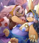  1girl 1other absurdres bee_hat blue_hair blue_pants brown_fur claws faputa furry highres illustrattyako long_hair made_in_abyss nanachi_(made_in_abyss) open_mouth pants purple_fur white_fur yellow_eyes 