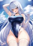 1girl black_choker blue_one-piece_swimsuit blue_sky breasts choker cloud competition_swimsuit covered_navel cowboy_shot elbow_gloves gloves green_eyes highleg highleg_swimsuit large_breasts long_hair looking_at_viewer one-piece_swimsuit original senri_tsukuyomi sky solo swimsuit thighhighs white_gloves white_hair white_thighhighs 