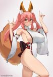  1girl animal_ears blush breasts closed_mouth commentary cosplay fate/grand_order fate_(series) fox_ears fox_girl fox_tail genshin_impact highres hioyami japanese_clothes large_breasts long_hair looking_at_viewer miko pink_hair sideboob smile solo tail tamamo_(fate) thighs yae_miko yae_miko_(cosplay) yellow_eyes 