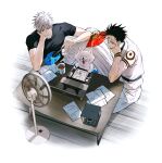  2boys absurdres akutami_gege_(avatar) black_hair black_shirt blue_eyes cat coffee cup dmsco1803 drawing drawing_tablet fushiguro_megumi gojou_satoru hand_fan highres holding holding_fan jujutsu_kaisen male_focus mug multiple_boys on_floor one-eyed paper red_eyes robe ryoumen_sukuna_(jujutsu_kaisen) shirt sitting sweatdrop table ventilation_fan white_robe wooden_floor 