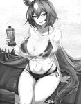  1girl animal_ears bikini bottle breasts collarbone greyscale holding holding_bottle horse_ears horse_girl horse_tail large_breasts monochrome multicolored_hair navel open_mouth see-through see-through_shirt shirt side-tie_bikini_bottom sirius_symboli_(umamusume) sitting solo stomach swimsuit tail tanning_oil tenko_(raimugi666) tied_shirt two-tone_hair umamusume wet wet_clothes wet_shirt 