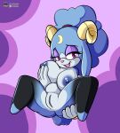  absurd_res anthro ariem big_breasts blue_body bovid breasts caprine detached_hands female fours_(artist) genitals hi_res horn looking_at_viewer mammal purple_eyes purple_mascara pussy sega sheep slightly_chubby solo sonic_the_hedgehog_(series) spread_legs spreading 