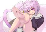  1girl absurdres animal_collar animal_ear_fluff animal_ears barefoot blush cat_ears cat_tail closed_mouth collar crossed_bangs dot_nose feet foot_focus foot_up highres hololive long_sleeves monoi10 nekomata_okayu purple_eyes purple_hair shorts smile soles solo stuffed_toy tail toenails white_shorts 
