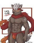  abs accessory asian_clothing brown_body brown_fur bulge burn_scar canid canine canis clothed clothing detailed_bulge domestic_dog east_asian_clothing fundoshi fur hair headband hi_res japanese_clothing lifewonders looking_at_viewer male mammal muscular muscular_male over_long red_eyes scar scarf solo tadatomo tokyo_afterschool_summoners topless underwear white_body white_fur white_hair yellow_sclera 