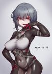  1girl 2022 black_bodysuit black_hair bodysuit breasts closed_mouth covered_navel cowboy_shot dated hand_on_own_hip highres honkai_(series) honkai_impact_3rd junik_(snrj2255) large_breasts looking_at_viewer mole mole_under_mouth raven_(honkai_impact) red_eyes short_hair smile solo 