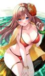  1girl absurdres bikini blush bracelet breasts brown_hair cleavage collarbone earrings fate/grand_order fate_(series) flower grey_eyes hair_flower hair_ornament highres hoop_earrings jewelry large_breasts long_hair looking_at_viewer mata_hari_(fate) open_mouth orange_bikini shibakame sitting smile solo swimsuit thighlet thighs 