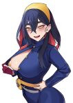 1girl :d belt black_hair blush breasts carmine_(pokemon) cowboy_shot gloves hair_between_eyes heart_pasties highres large_breasts long_hair long_sleeves looking_at_viewer mole mole_under_eye multicolored_hair no_bra open_mouth pasties pokemon pokemon_(game) pokemon_sv red_gloves red_hair simple_background single_glove smile solo two-tone_hair unbuttoned white_background yellow_eyes yzr_(yzr99) 
