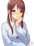  1girl blush breasts brown_eyes brown_hair embarrassed flower hand_on_own_chin highres idolmaster idolmaster_cinderella_girls idolmaster_cinderella_girls_starlight_stage kindergarten_uniform low_twintails mifune_miyu mmmakaron888 signature smock sweatdrop twintails 