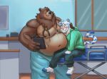  2023 absurd_res anthro bear belly big_belly black_nose blush bottomwear brown_body brown_fur clothing detailed_background doctor duo felid fur hi_res hoodie humanoid_hands kemono male mammal medical_instrument overweight overweight_male pantherine pants scientific_instrument sitting smollsaid topwear white_body 
