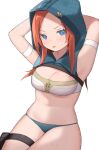  1girl adapted_costume animification apex_legends arm_strap arms_behind_head ash_(titanfall_2) ash_(titanfall_2)_(cosplay) ashleigh_reid blue_eyes blue_panties blush breasts brown_hair cleavage cosplay detached_hood forehead highres hood hood_up long_hair medium_breasts nagoooon_114 navel panties shadow solo strapless sweat thigh_pouch thigh_strap tongue tongue_out tube_top underwear v-shaped_eyebrows white_tube_top 