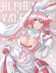  1girl aqua_eyes breasts bridal_veil character_name clover dress elphelt_valentine four-leaf_clover gloves guilty_gear guilty_gear_xrd hairband juliet_sleeves large_breasts long_sleeves looking_at_viewer mariebell medium_hair pink_hair puffy_sleeves spiked_hairband spikes veil white_dress white_gloves 