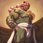  1boy abs bara beard biceps bulge colored_skin facial_hair feet_out_of_frame from_below ganondorf gold green_skin highres huge_eyebrows jewelry large_pectorals loincloth long_hair looking_at_viewer looking_to_the_side male_focus mature_male multiple_rings muscular muscular_male navel nipple_piercing nipple_rings nipples pectorals piercing red_hair ring second-party_source solo standing the_legend_of_zelda thick_eyebrows thick_thighs thighs veins veiny_arms zelo-lee 