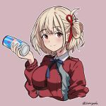  1girl blonde_hair blue_ribbon can closed_mouth collared_shirt commentary cropped_torso dress energy_drink english_commentary grey_dress hair_ribbon hand_up holding holding_can kotorigaka light_blush long_sleeves looking_at_viewer lycoris_recoil lycoris_uniform mixed-language_commentary neck_ribbon nishikigi_chisato pink_background red_bull red_dress red_eyes red_ribbon ribbon shirt short_hair simple_background smile solo split_mouth twitter_username two-tone_dress upper_body white_shirt 