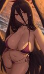  1girl alternate_costume beach bikini black_choker black_wings blue_archive breasts choker closed_mouth collarbone commentary evening hair_between_eyes halo hasumi_(blue_archive) highres large_breasts long_hair looking_at_viewer low_wings mole mole_under_eye navel ocean outdoors purple_bikini red_eyes red_halo side-tie_bikini_bottom solo swimsuit thigh_strap very_long_hair waves wings zaphn 