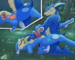  absurd_res amphibian anthro bakameganekko blue_body bodily_fluids breast_grab breasts cum cum_inside duo erection female female_penetrated frog from_front_position generation_6_pokemon genital_fluids greninja hand_on_breast hi_res internal lying male male/female male_penetrating male_penetrating_female missionary_position muscular muscular_anthro muscular_male nintendo nipples on_back penetration plant pokemon pokemon_(species) sex swamp tongue tongue_out tree vaginal vaginal_penetration water 