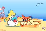  anthro avian beach big_breasts big_butt bird black_eyes blue_eyes blue_sclera breasts butt cleavage clothed clothing dewy-eyedboy duo female generation_3_pokemon generation_5_pokemon hi_res huge_breasts huge_butt huge_thighs jirachi kneeling legendary_pokemon lying nintendo on_front pokeball pokemon pokemon_(species) sand seashell seaside shell signature swimwear tan_body text thick_thighs umbrella victini water white_body 