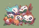  2017 ambiguous_gender beak brown_body brown_feathers darmp feathered_wings feathers feral full-length_portrait generation_7_pokemon green_background group hi_res multicolored_body multicolored_feathers nintendo pokemon pokemon_(species) portrait rowlet shiny_pokemon signature simple_background two_tone_body two_tone_feathers white_body white_feathers wings 