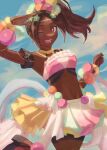  1girl ;d armpits babykatafan brown_hair crop_top dark-skinned_female dark_skin fire_emblem fire_emblem_engage hair_ornament highres looking_at_viewer midriff one_eye_closed open_mouth ponytail red_eyes salute smile solo star-shaped_pupils star_(symbol) symbol-shaped_pupils teeth timerra_(fire_emblem) 
