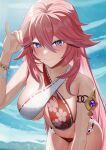  1girl absurdres bare_shoulders bikini breasts commentary_request criss-cross_halter floral_print genshin_impact halterneck hand_up highres ituka_kanau large_breasts long_hair looking_at_viewer navel pink_hair purple_eyes smile solo stomach swimsuit very_long_hair water yae_miko 