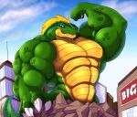  anthro big_abs big_biceps big_pecs big_quads blonde_hair building building_destruction city cloud day eye_scar facial_scar fangs featureless_crotch flexing_bicep foot_on_object frill_(anatomy) green_body green_scales hair head_crest head_frill hi_res koragos koragos_(character) lizardman looking_at_self looking_at_viewer macro male muscular muscular_anthro muscular_male nude outside pecs quads scales scalie scar sky smile solo tail teeth yellow_eyes yellow_underbelly 