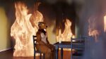  2023 3d_(artwork) anthro bear bearphones brown_bear burning_building chair coffee_mug digital_media_(artwork) fire furniture grizzly_bear headphones hi_res inside male mammal nude sitting solo table this_is_fine torturedtorchic ursine yellow_eyes 