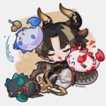  1boy 3others :3 animalization arknights black_jacket black_skin blue_eyes brown_background brown_hair bubble cheek-to-cheek chibi chong_yue_(arknights) closed_eyes colored_skin commentary daba_(0dbdbx) dragon_boy dragon_bubble_(arknights) dragon_horns dragon_tail dusk_(arknights) flask happy heads_together highres horns jacket knee_up ling_(arknights) multicolored_hair multiple_others nian_(arknights) pants red_eyes simple_background streaked_hair sweat symbol-only_commentary tail thick_eyebrows twitter_username upside-down water white_background white_pants 