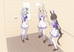  3girls :&lt; admire_vega_(umamusume) animal_ears black_hair blindfold blocking blonde_hair blue_eyes blush brown_eyes commentary_request full_body grey_hair highres hishi_miracle_(umamusume) horse_ears horse_tail katuko_deluxe multiple_girls narita_top_road_(umamusume) open_mouth ponytail poster_(object) school_uniform standing tail thighhighs toushirou_(sugarwhite1046) tracen_school_uniform trapped umamusume 