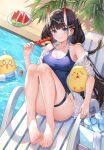  1girl armpit_crease ass azur_lane bare_shoulders barefoot black_hair blue_eyes blue_one-piece_swimsuit breasts cleavage collared_shirt day english_commentary feet food fruit hair_ornament hair_scrunchie hairclip highres holding holding_skewer horns iino_(isnyong) innertube knees_up licking_lips light_blush long_hair looking_at_viewer low_twintails manjuu_(azur_lane) medium_breasts noshiro_(azur_lane) noshiro_(unwinding_in_the_sunshine)_(azur_lane) off_shoulder official_alternate_costume one-piece_swimsuit oni_horns open_clothes open_shirt outdoors palm_leaf pool reclining scrunchie shirt skewer solo strawberry sunlight swimsuit thigh_strap thighs toes tongue tongue_out twintails very_long_hair watermelon watermelon_slice white_shirt 