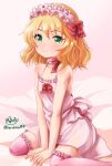  1girl blonde_hair blush bow camisole choker collarbone commentary_request flat_chest frilled_choker frilled_hairband frills green_eyes hair_bow hairband haruhata_mutsuki idolmaster idolmaster_cinderella_girls legs looking_at_viewer medium_hair on_bed pink_background pink_camisole pink_thighhighs red_bow sakurai_momoka signature sitting smile solo thighhighs thighs twitter_username wariza wavy_hair 