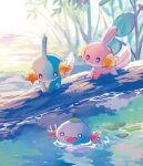  absurdres alternate_color closed_mouth day highres leaf looking_down mudkip nashiro_o77o no_humans outdoors pokemon pokemon_(creature) shiny_pokemon swimming water wooper 