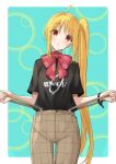  1girl ahoge black_shirt blonde_hair bocchi_the_rock! brown_eyes brown_pants cowboy_shot detached_ahoge head_tilt highres ijichi_nijika kanaria_hisagi long_hair looking_at_viewer pants shirt short_sleeves side_ponytail sidelocks solo suspenders suspenders_pull t-shirt very_long_hair 