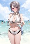  bare_arms bare_shoulders bikini blue_eyes blush breasts chigusa_minori cleavage closed_mouth collarbone cowboy_shot grey_hair hair_ornament highres large_breasts long_hair looking_at_viewer navel original outdoors saotome_shino_(chigusa_minori) solo solo_focus stomach swimsuit thighs water 